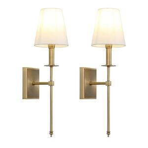Set of 2 Brass Wall Sconces w/ White Shade Hardwired Mid-Century E26